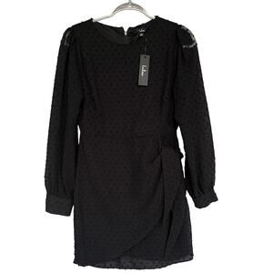 Lulus Dress Womens Small Black Long Sleeve Swiss Dot Wrap Mini Lined Party 67921